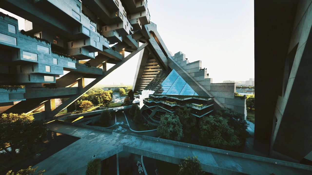 Paisagem urbana visível através de uma abertura triangular em um design de edifício simétrico.