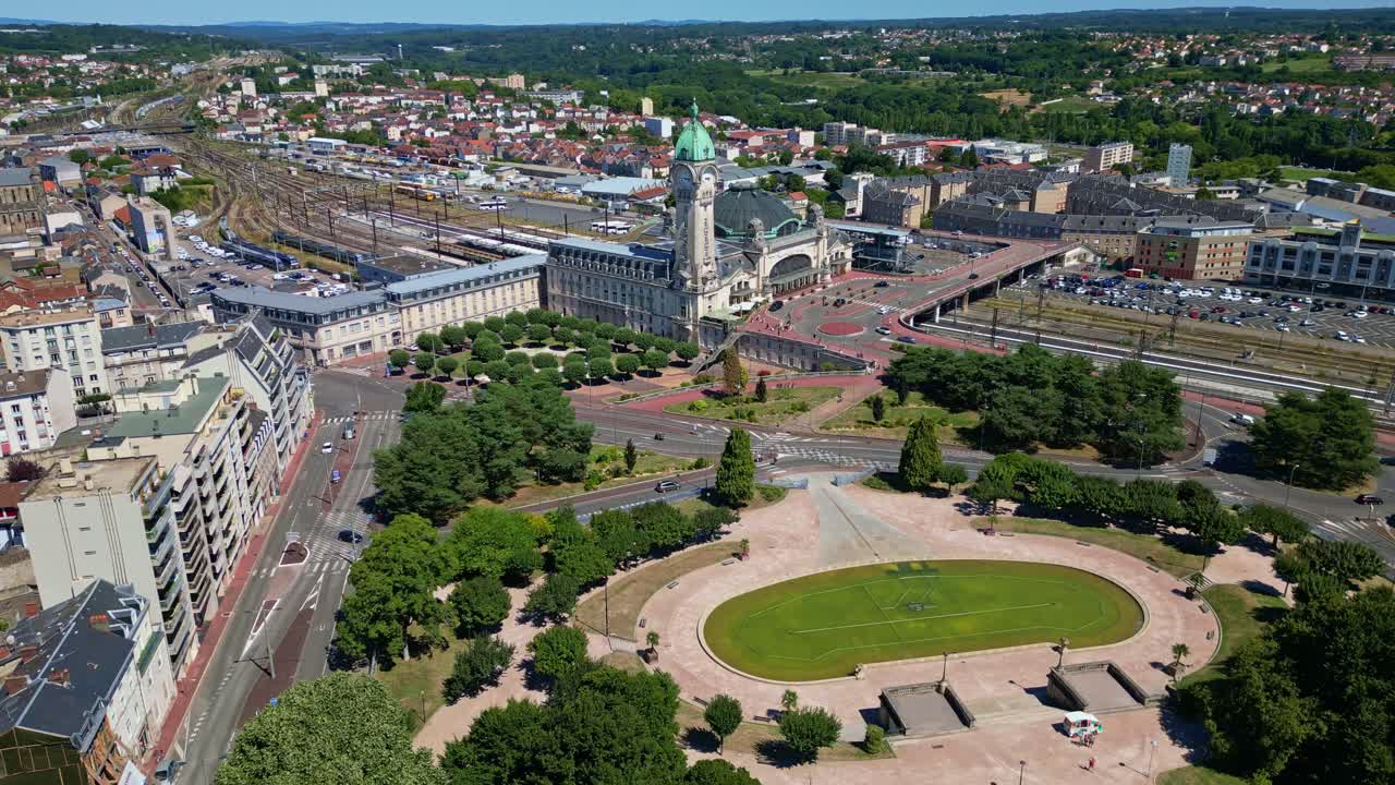 Benedictins station near Champ de Juillet gardens and park, Limoges in France. Aerial drone orbiting and cityscape