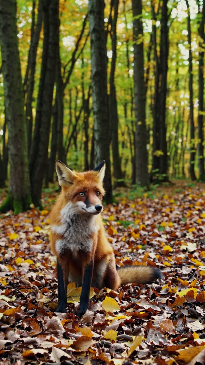 A red fox sits on autumn leaves in a forest, captured from a low-angle, resembling a nature