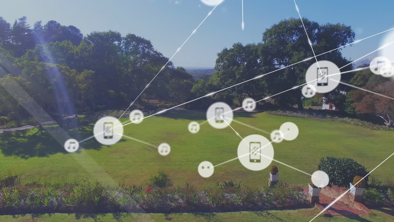 Digital connections and icons forming network over green landscape with trees