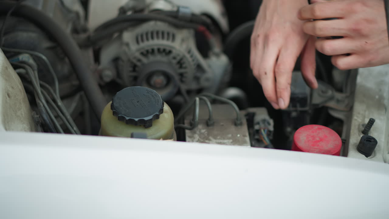 Driver inspecting brake fluid reservoir under hood. Closeup of hands in denim jacket removing cap, revealing yellow reservoir and red battery cap, alternator and hoses in background, careful