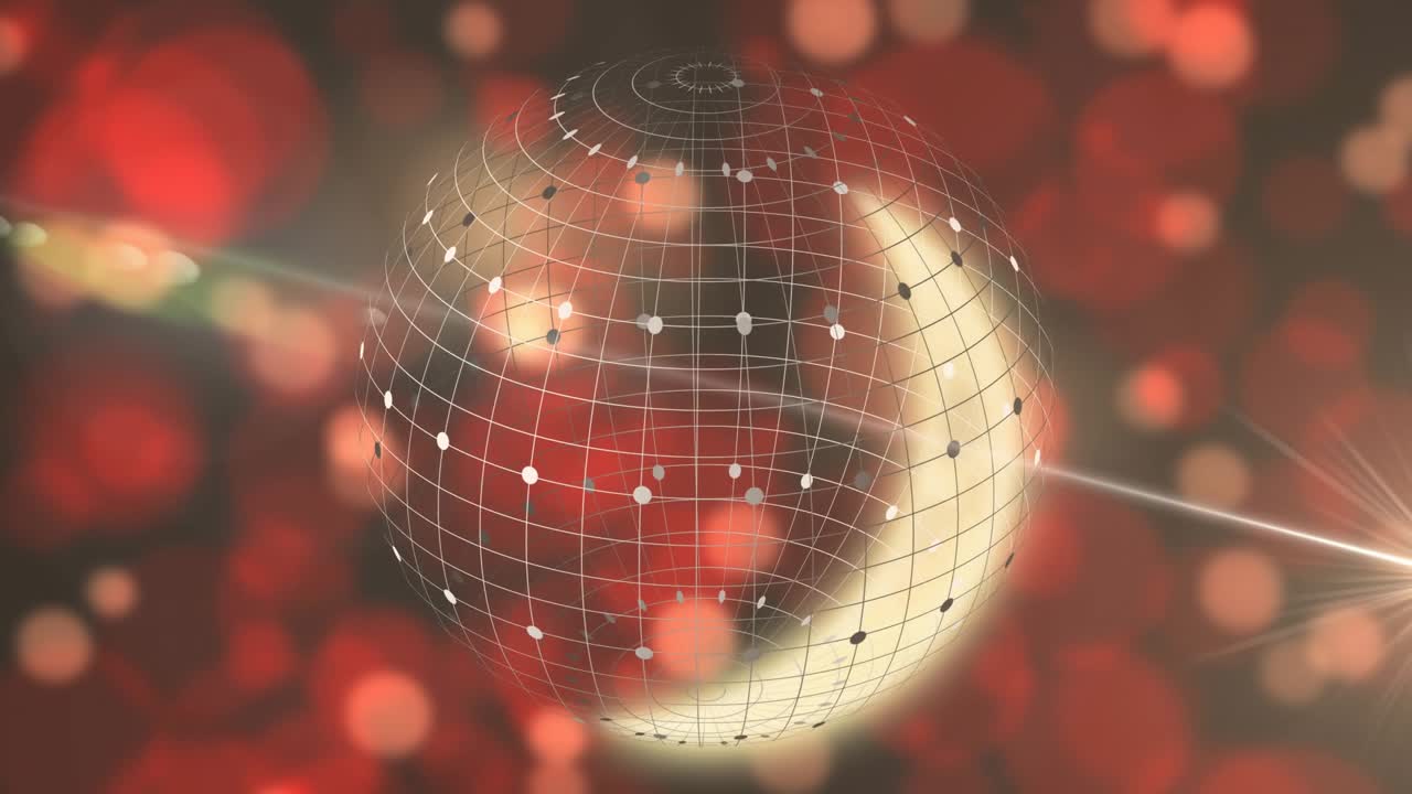 Starburst light entering left sweeping sphere, 3D grid flashing and revealing crescent spiral