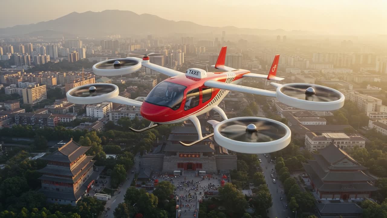 Aerial Taxi in Urban Skyline: Innovative Electric Aircraft with Multiple Rotors Flying Over Modern City Buildings at Sunset, Showcasing Future Mobility Solutions