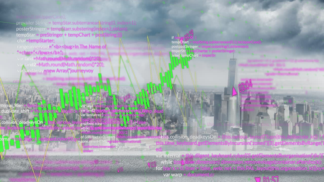 Animation of charts and processing data over cloudy cityscape