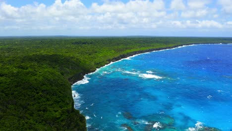 un dron captura una impresionante vista aérea de la prístina costa de una isla tropical con frondosos bosques verdes y una resplandeciente laguna azul