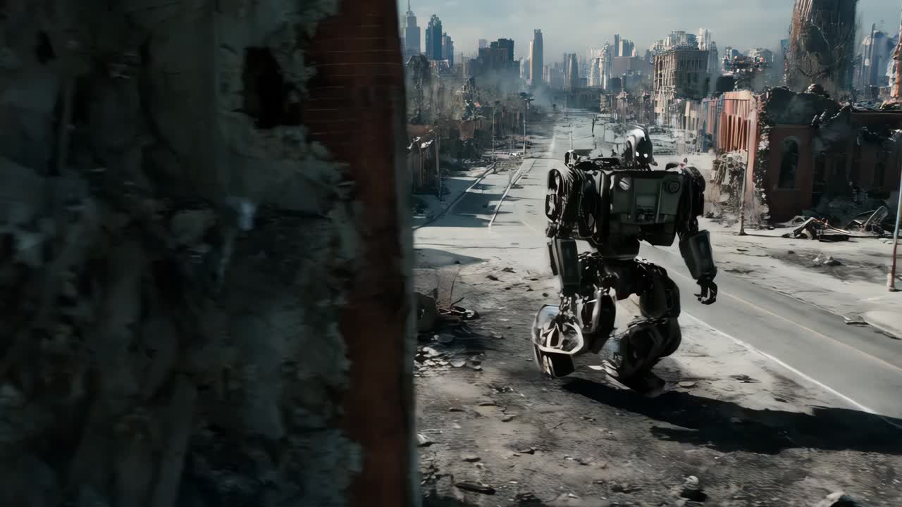 robot gigante en una ciudad post-apocalíptica