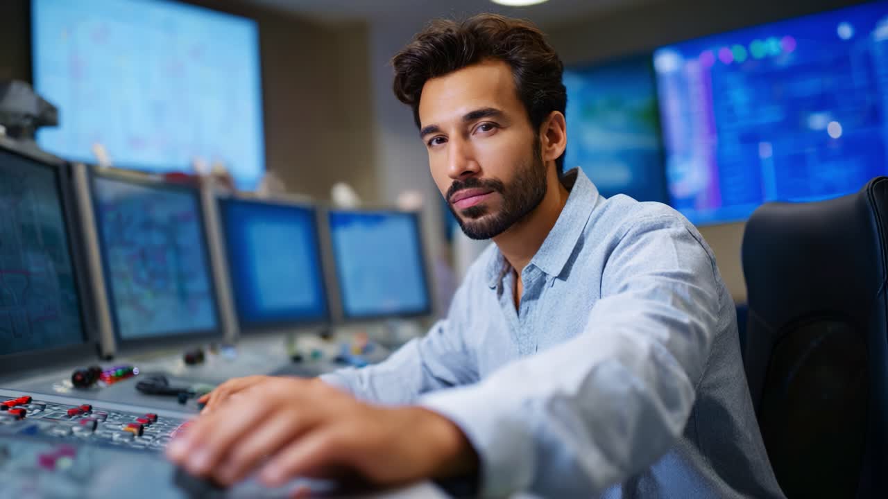 Focused operator analyzing data at control center with multiple screens, showcasing technology use and concentration in a dynamic, high-tech environment