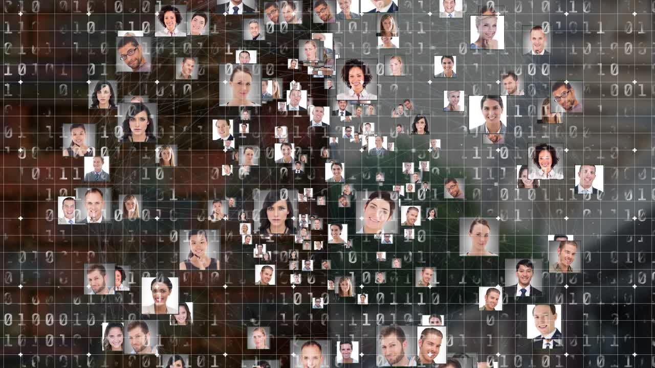 Animation of diverse people icons and data processing over cityscape