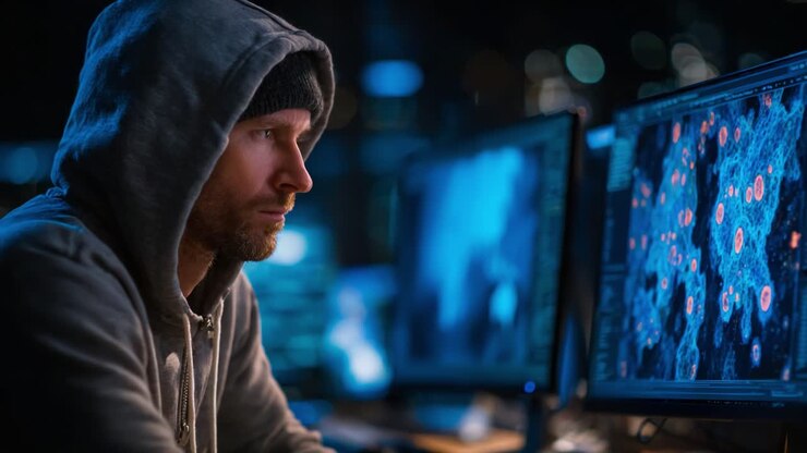 Persona concentrata con felpa che analizza dati digitali su più monitor in un ambiente buio, catturando l'essenza della sicurezza informatica e della tecnologia dell'informazione