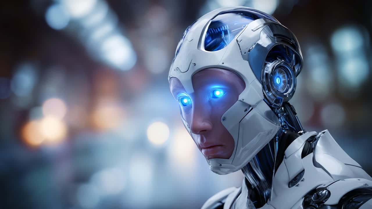 Futuristisk robotportræt: Nærbillede af en realistisk, syntetisk Android med lysende blå øjne i et sløret high-tech miljø