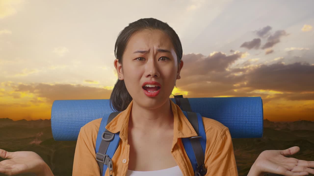 Close Up Of Puzzled Asian Female Hiker With Mountaineering Backpack Making Gestures Doubtfully And Saying Why While Standing On The Top Of Mountain During Sunset Time