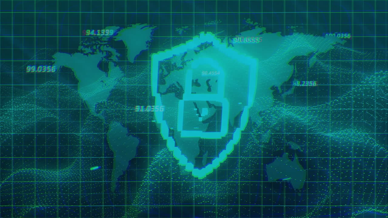 Pixelated shield occupying center amid neon gridlines and dotted data streams animating global data