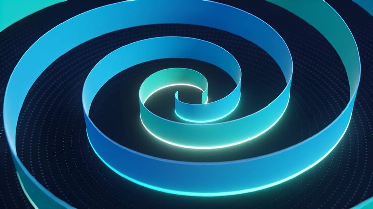 Glowing blue spiral ribbon rotating and shifting through space with faint circles, AI-generated