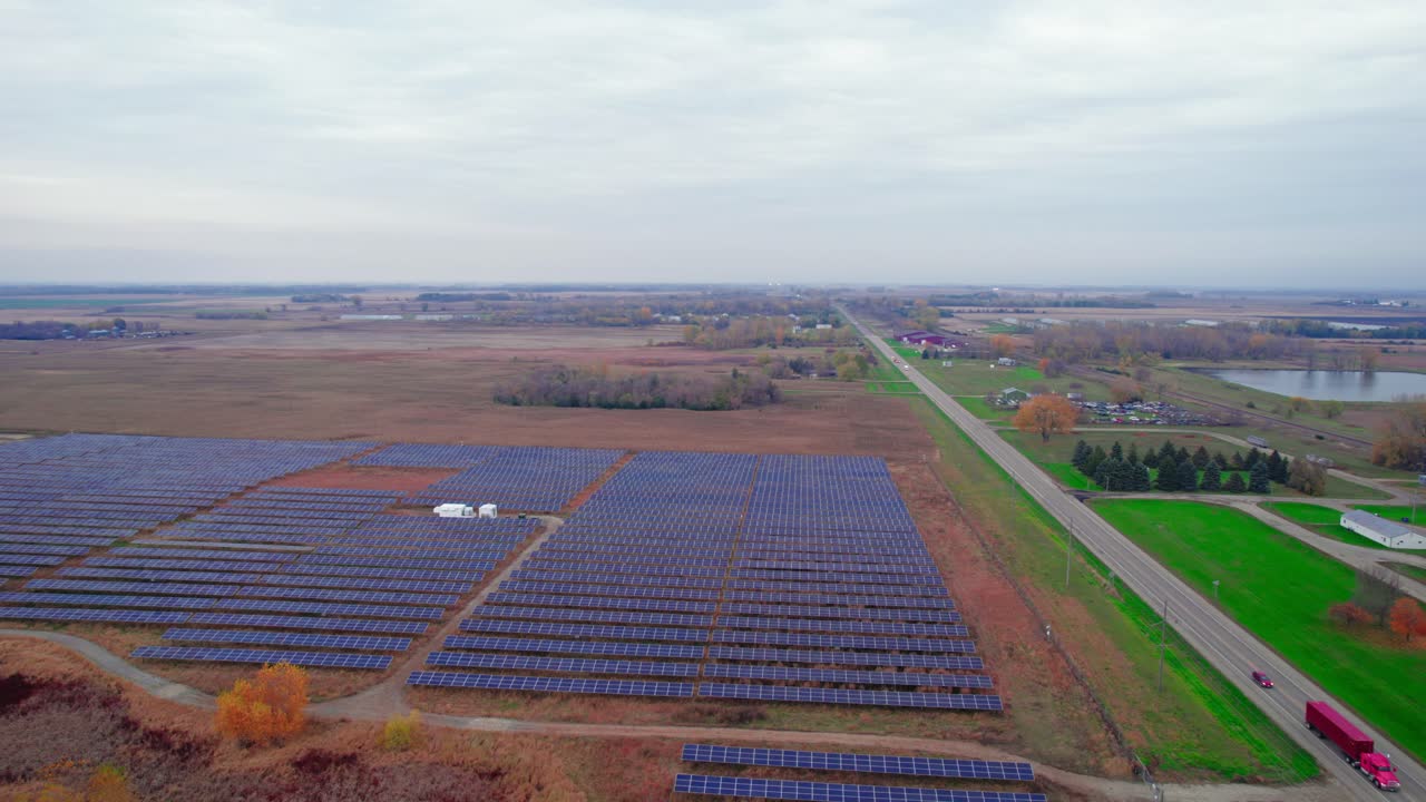 Aerial view at filed of solar panels, Atwater, Minnesota, USA, this solar farm stands as a testament to the region's commitment to renewable energy