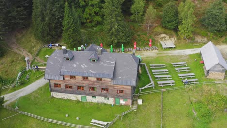 aerial view over alpine lodge