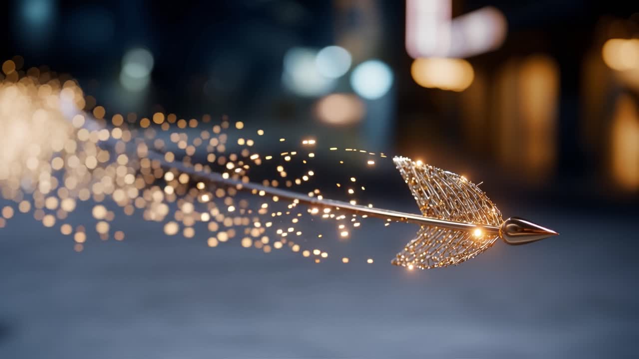 Freccia dorata sfreccia nell'aria notturna. Particelle scintillanti lasciano una scia dietro il suo volo. Luci sfocate della città brillano dolcemente sullo sfondo. La punta piumata luccica di luce magica.