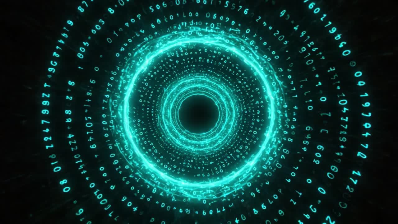 Hypnotic Circular Data Animation: A Mesmerizing Visual of Flowing Numeric Patterns in a Serene Digital Environment