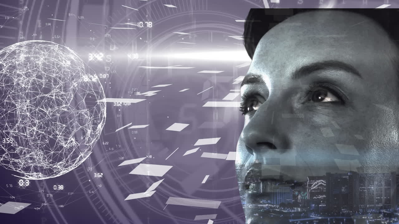 animación del globo con red de conexión y paisaje urbano sobre el rostro de la mujer