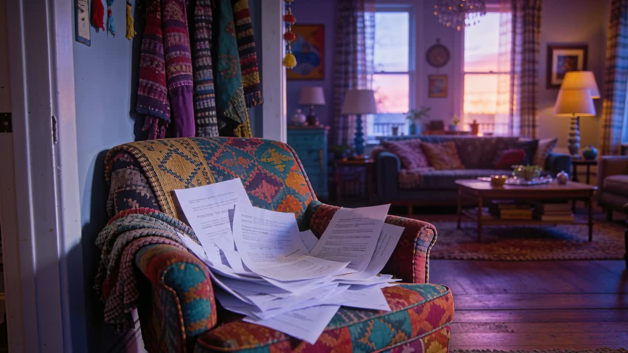 Telecamera che si avvicina a una poltrona a fantasia nel soggiorno, sottolineando carte e un plaid.