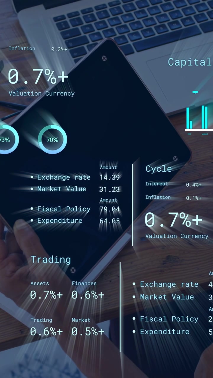 Vertical video: Woman tapping tablet edge, reviewing finance metrics, HUD updating gauges chart