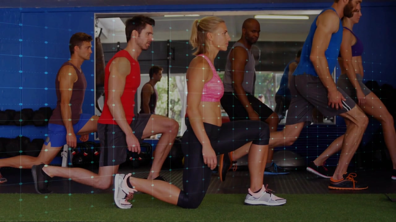 Fitness group starting synced lunges on cue for cardio, lowering knee, ECG overlay pulsing in sync