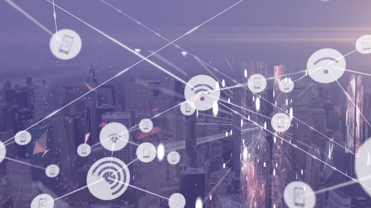 Animation of network of connections with icons over cityscape