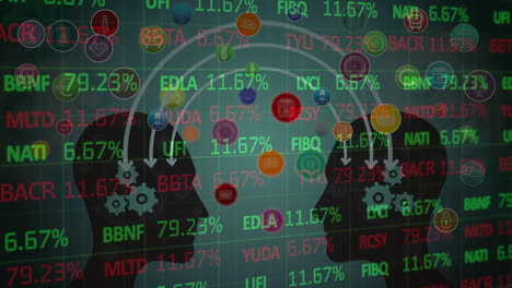 animación de datos del mercado de valores sobre engranajes que giran en cabezas