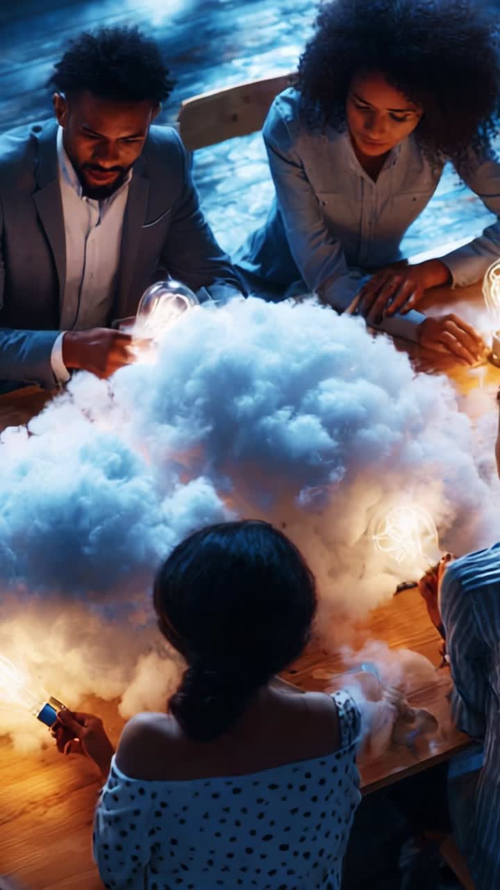 Group of Diverse Individuals Engaging with a Cloud of Creative Ideas and Ambient Lighting During an Interactive Brainstorming Session