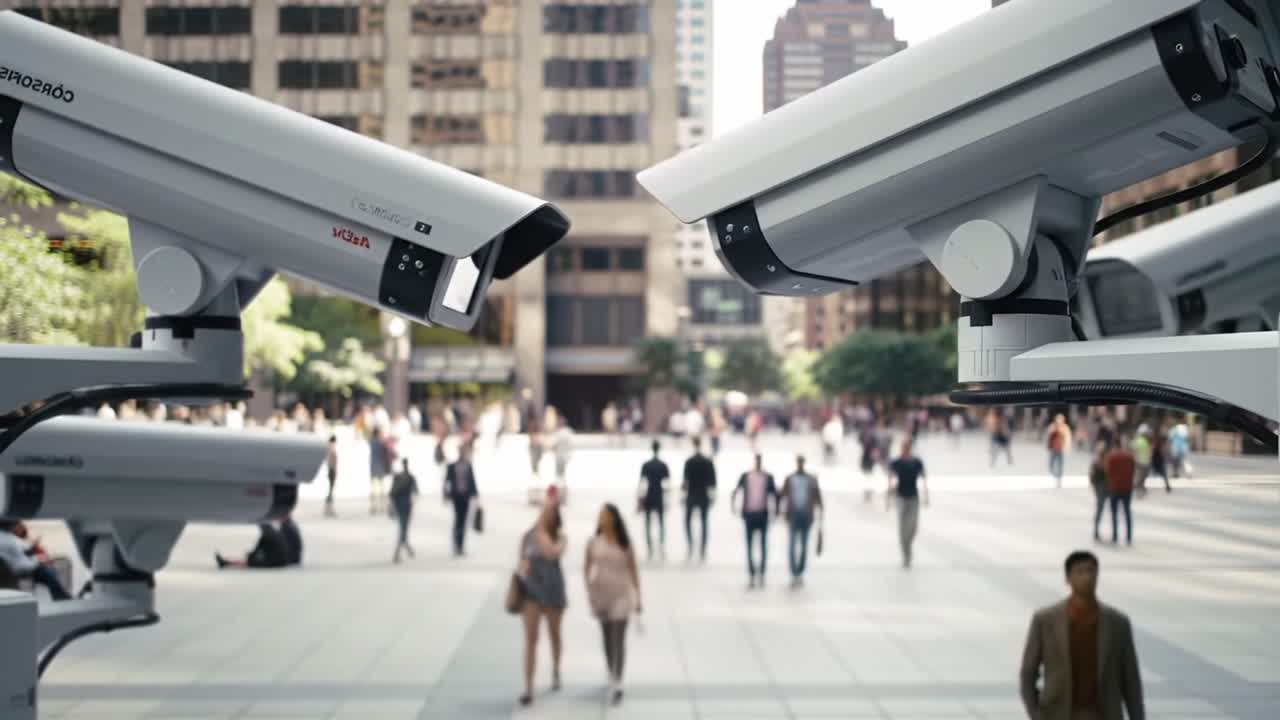 Surveillance Cameras Overlooking a Bustling Urban Square with Pedestrians Amidst Tall Buildings, Highlighting Modern Security Measures in Public Spaces