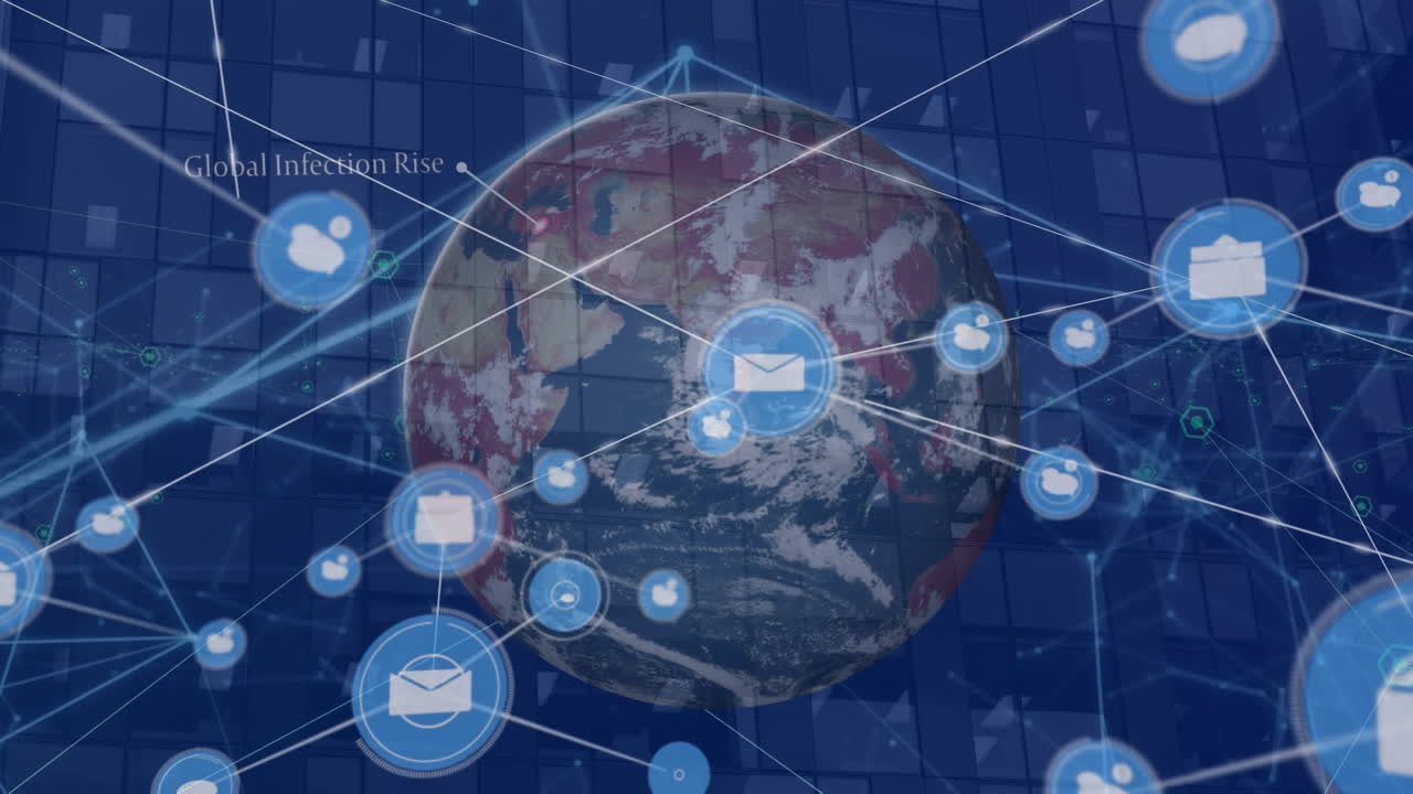 배경의 건물에 대해 전 세계에 연결된 아이콘과 점의 애니메이션