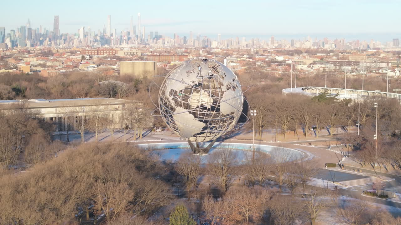 Aerial view of The Unisphere in Flushing Meadows Corona Park. Shot on a winter morning in Queens, New York City.