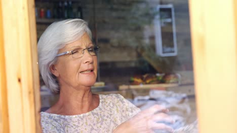 senior woman gesturing while talking in the cafe 4k