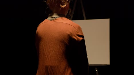 depressed woman wearing orange sweater in scary dark black void in front of an easel, camera pushes in