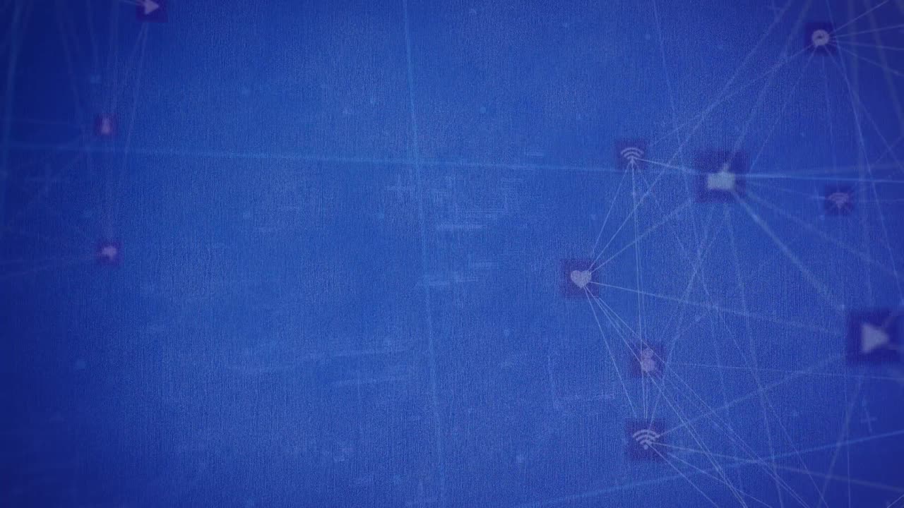 Animation of blue shapes over networks of connections with icons on blue background