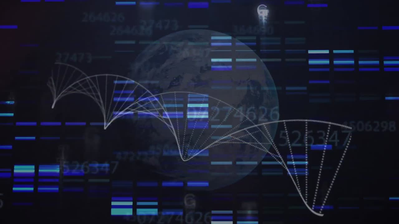 Animation of digital screen with biological data and globe on black background