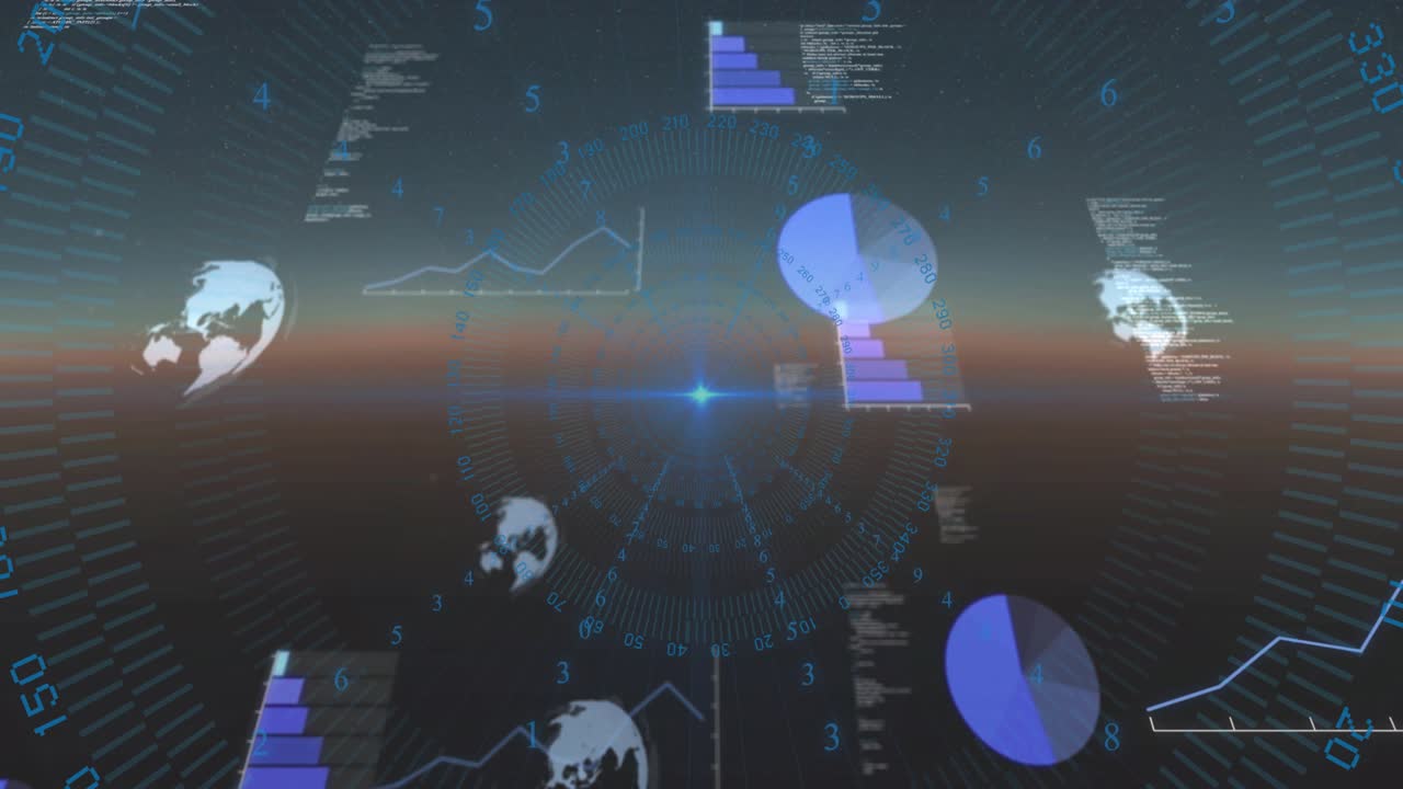 Blue flare initiating holo HUD over horizon, dial rotating, charts orbiting and visualizing metrics