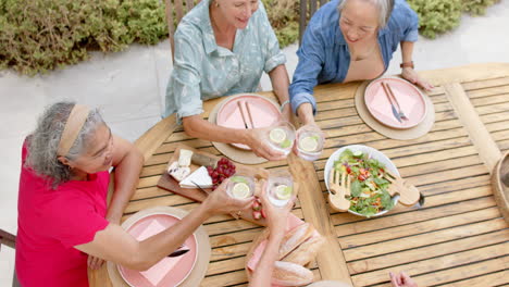 senior diverse group of women enjoying a meal outdoors