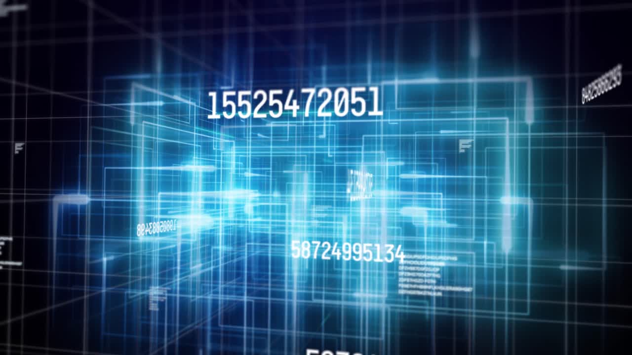 ⁇ 색 숫자가 바뀌고 검은색 바탕에 빛나는 파란색 그리드 위에서 데이터 처리되는 애니메이션