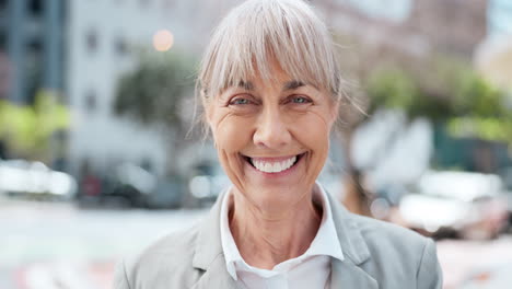 portrait, business and mature happy woman in city