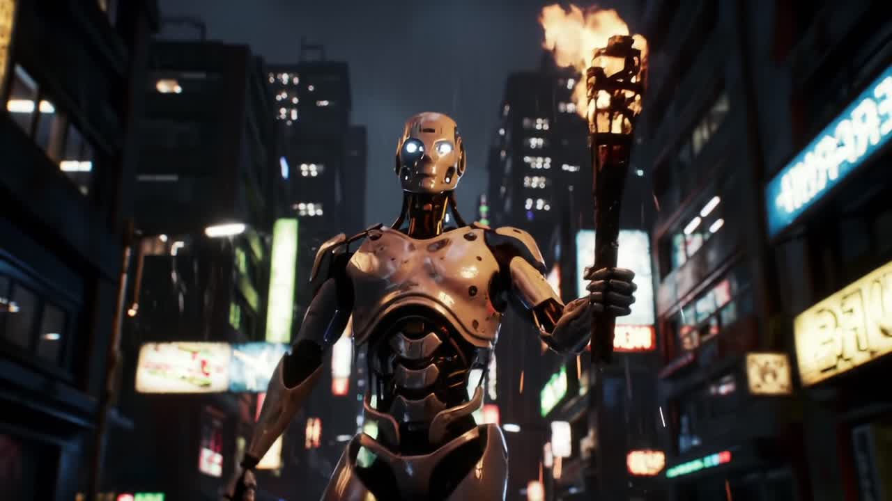 A futuristic humanoid robot stands confidently in a rain-soaked neon cityscape, wielding a torch that emits a fiery glow, capturing a moment of awe in a cyberpunk world