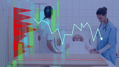 animación del procesamiento de datos financieros en diversos médicos y pacientes.