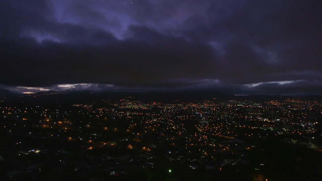 A wide establishing shot at dawn of Tegucigalpa, Honduras