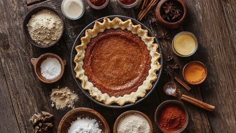 pastel de calabaza rústico con ingredientes en una mesa de madera