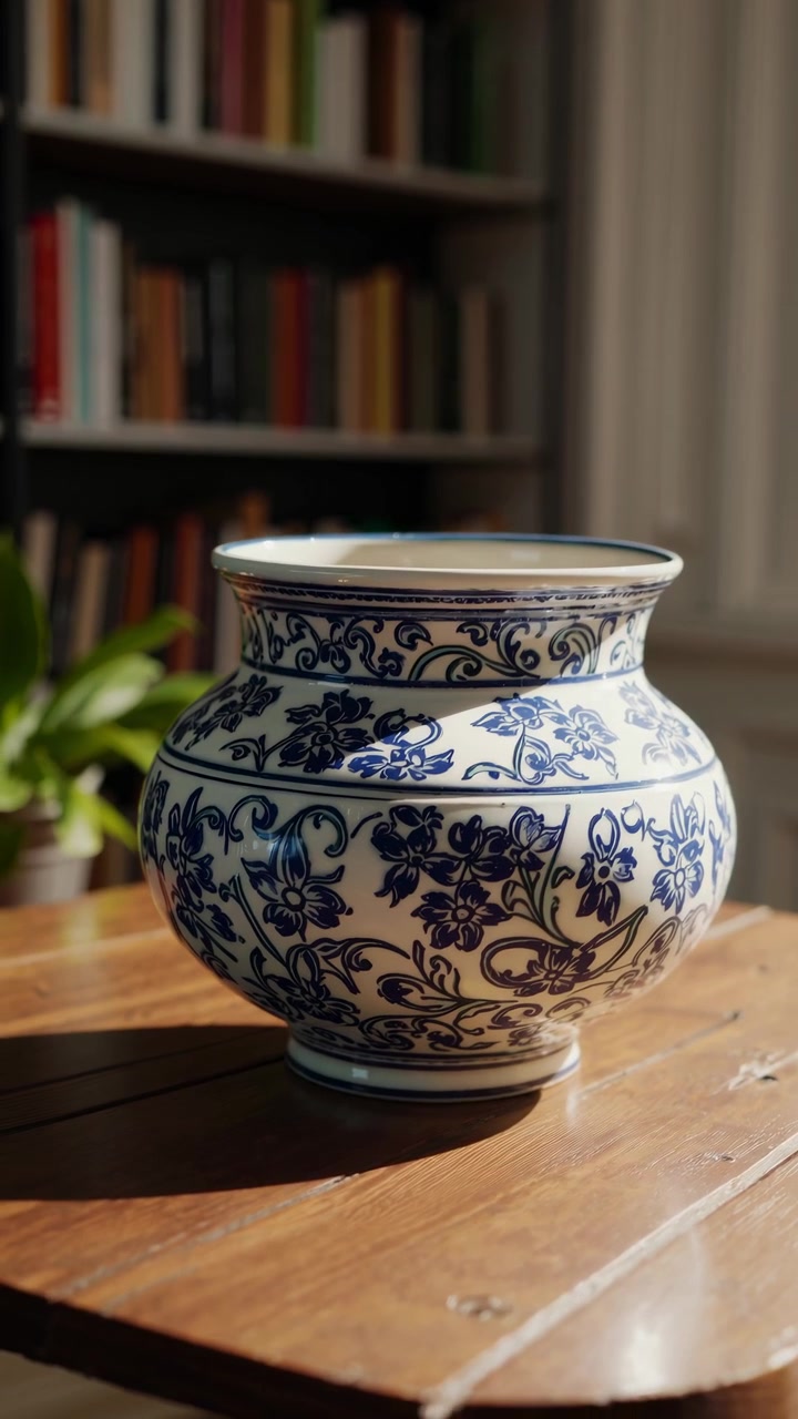 Vaso in Ceramica Blu e Bianco su Tavolo di Legno con Luce Solare in Movimento