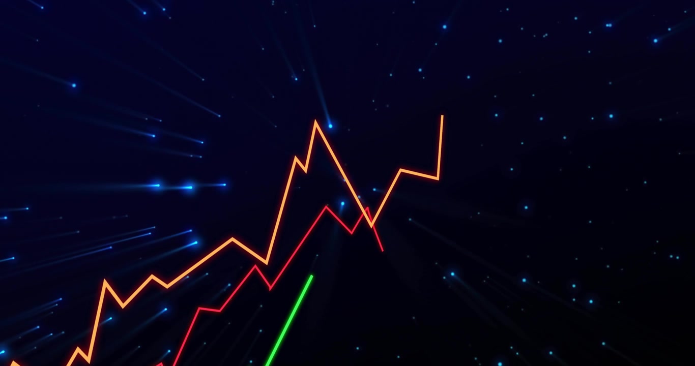 Linee di tendenza al neon che emergono da una scintilla a sinistra, salgono e poi si stabilizzano, mostrando una tendenza di mercato nello spazio