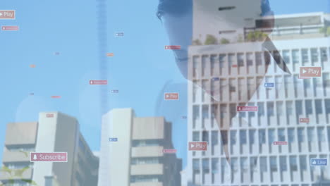 animation of digital play icons overlaying urban skyline against blue sky