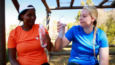 friends drinking water after workout during obstacle course