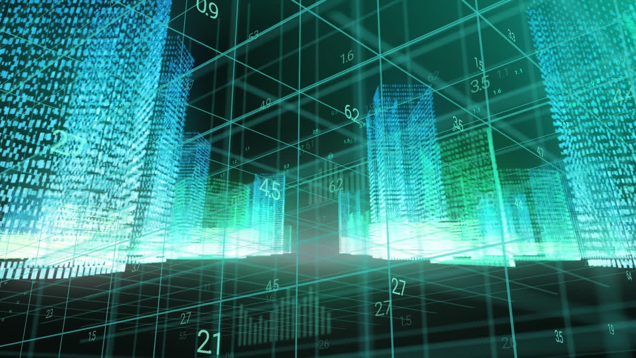 Animation of data processing on 3d grid over glowing digital cityscape