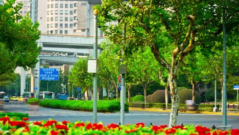 shanghai city day time traffic circle road panorama 4k timelapse china