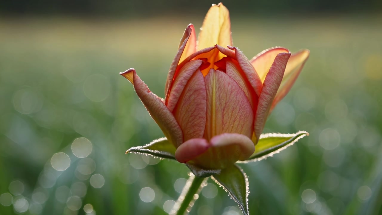 Tidsforløp av en tulipan som blomstrer på en duggfrisk morgenåker